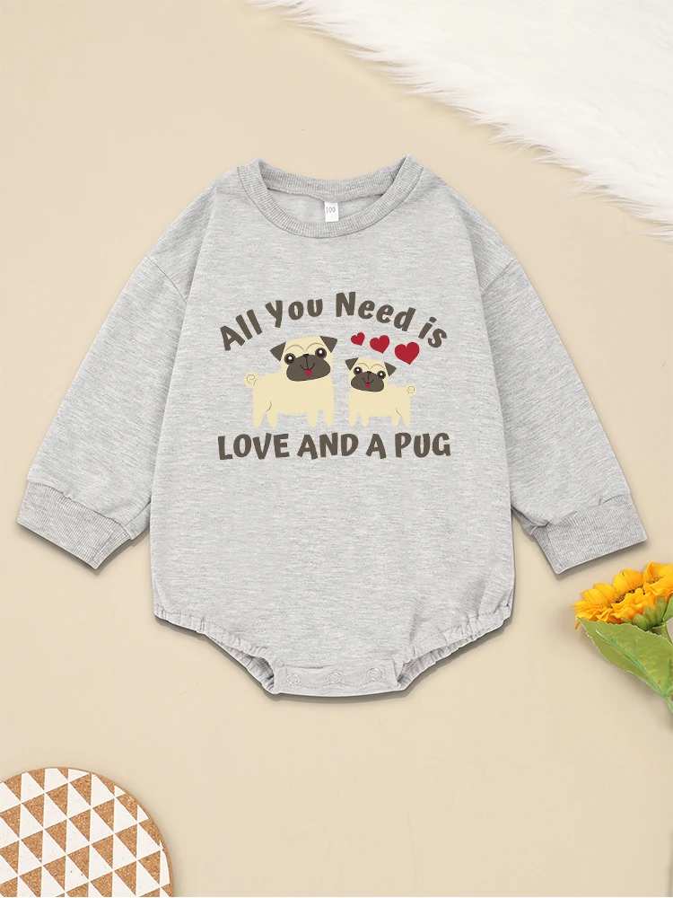 

Cute Baby Boy Bodysuit Long Sleeve Grey Sweatshirt Cartoon Kawaii Pug Print Newborn Girl Clothes Onesie Comfy Soft Loose Cheap