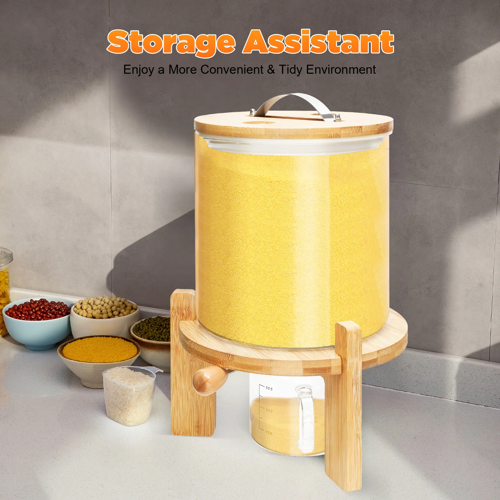 

Round Cereal Container, Rice Dispenser 5L Food Storge Container for Kitchen, with Airtight Lid, Measuring Cup and Wooden Stand