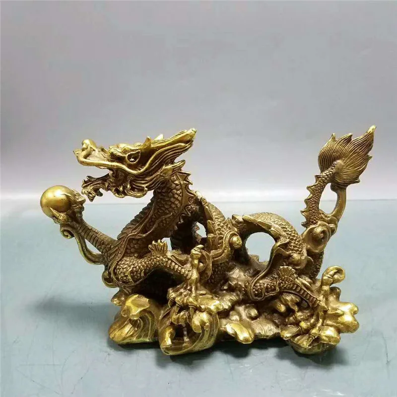 

China Bronze Feng shui 12 Zodiac Year Dragon Chinese God Loong Beast Ball Statue