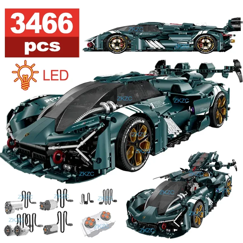 3466 Pcs 1:8 Technical RC Sports Car Building Blocks Model MOC LED Racing Vehicle Bricks Toys for Boys Birthday Children Gifts