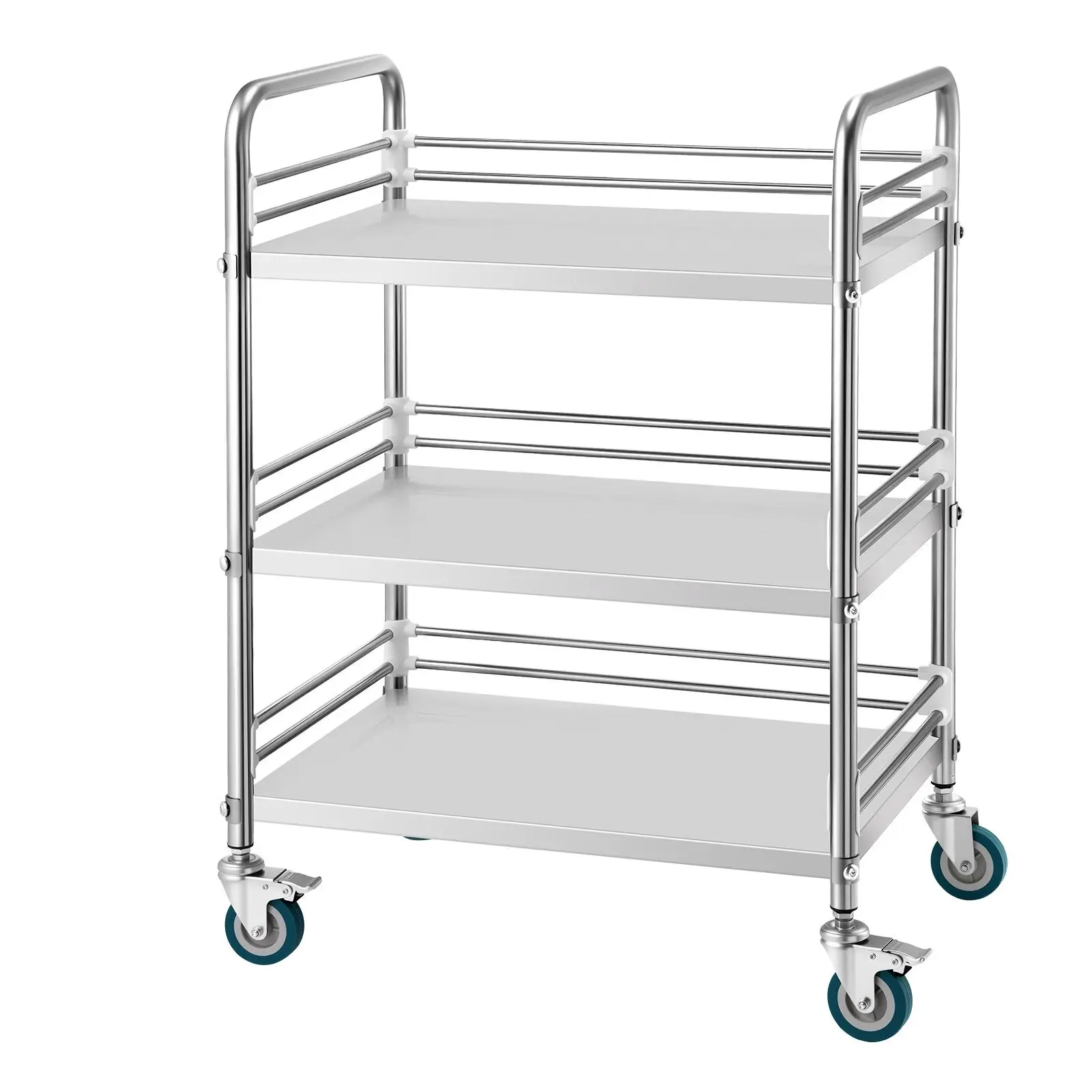 Stainless Steel Cart, 3-Tier Rolling Lab Utility Cart with Lockable Wheels, Medical Serving Trolley Clinic Tray, Heavy Duty Mobile Service Storage Tray for Hospital, Restaurant, Kitchen, Salon