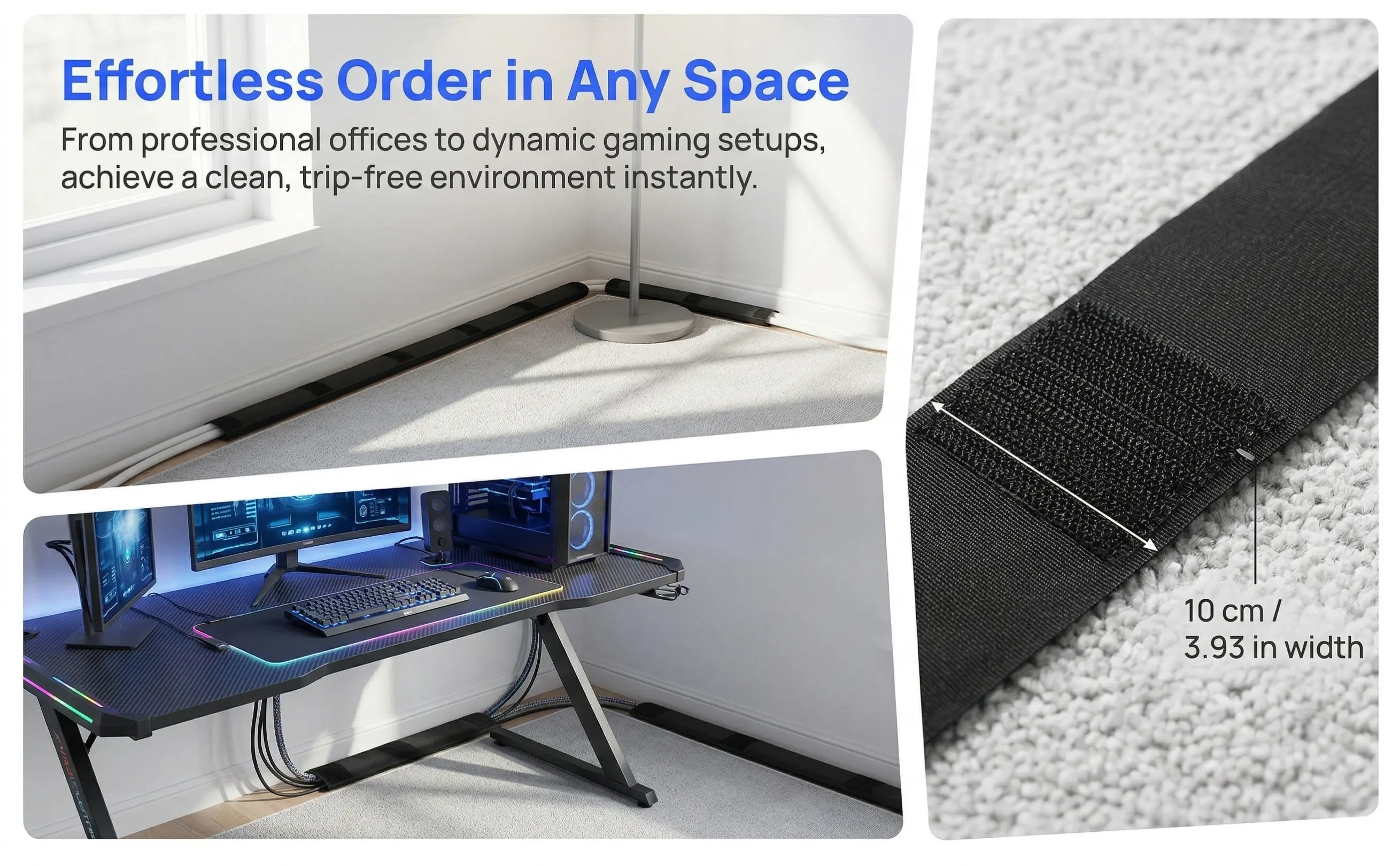 3 Meter Cable Cover Floor Cord Protector for Carpet Hook and Loop Strap Heavy Duty Nylon Polyester Cable Management