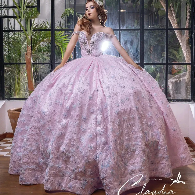 

Pink Glitter Crystal Beading Quinceanera Dresses Ball Gown Off The Shoulder 3D Butterfly Tull Sweet 16 Birthday Party Vestido De