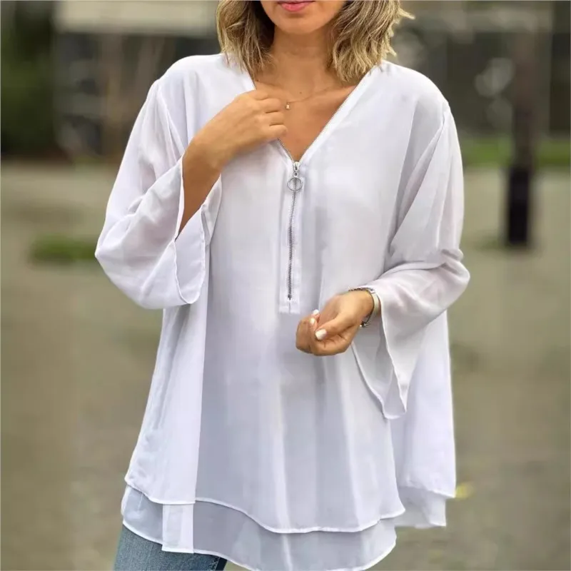 Autumn Women\'s Loose Blouses Elegant V-neck Three Quarter Sleeve Casual Chiffon Tops Metal Zipper Casual Shirts Women Clothing