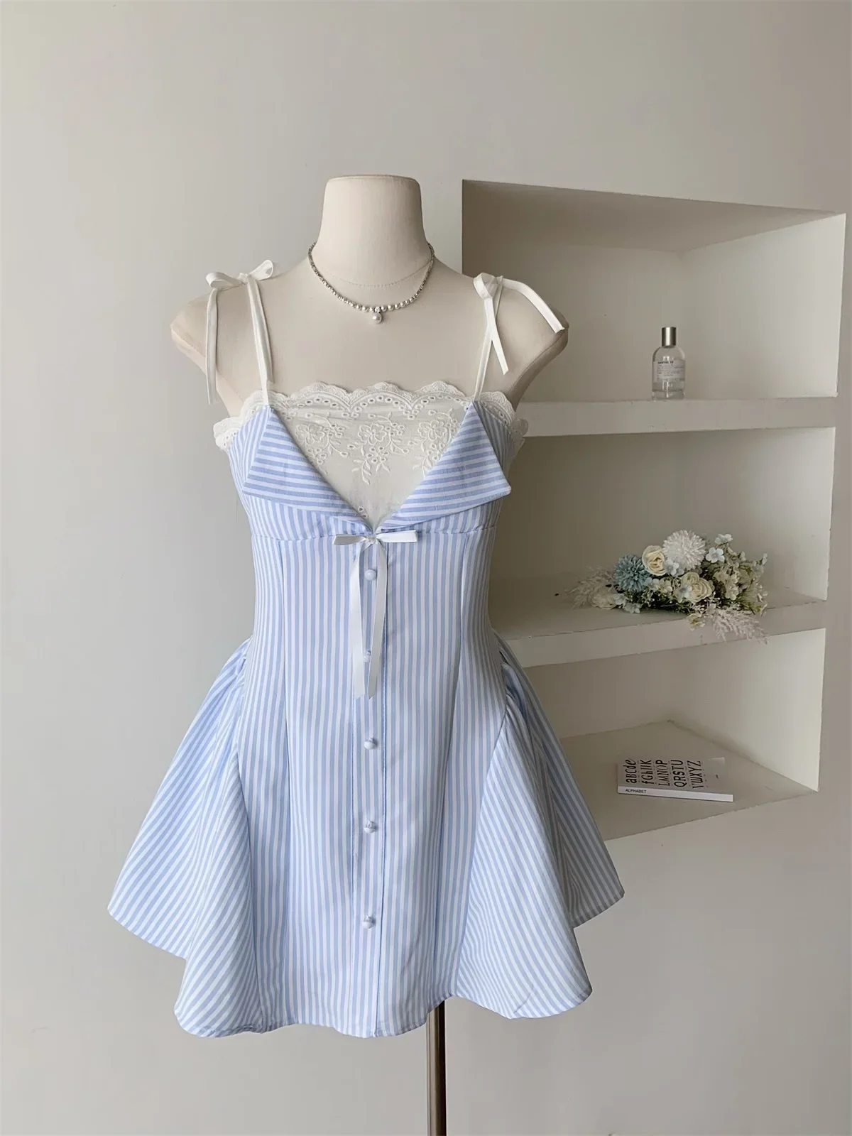 2025 여름 발레 코어 모리걸 레이스 캐미 드레스 스트라이프 A라인 프록 파티 소녀 원피스 패치워크 디자인 한국 패션