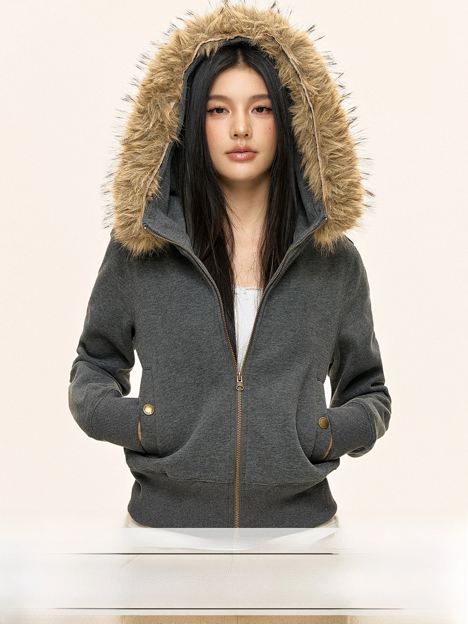 

American Retro Detachable Large Fur Collar Sweatirt Jaet Winter Waist Cinching Zipper Open Cardigan Women's Outerwear