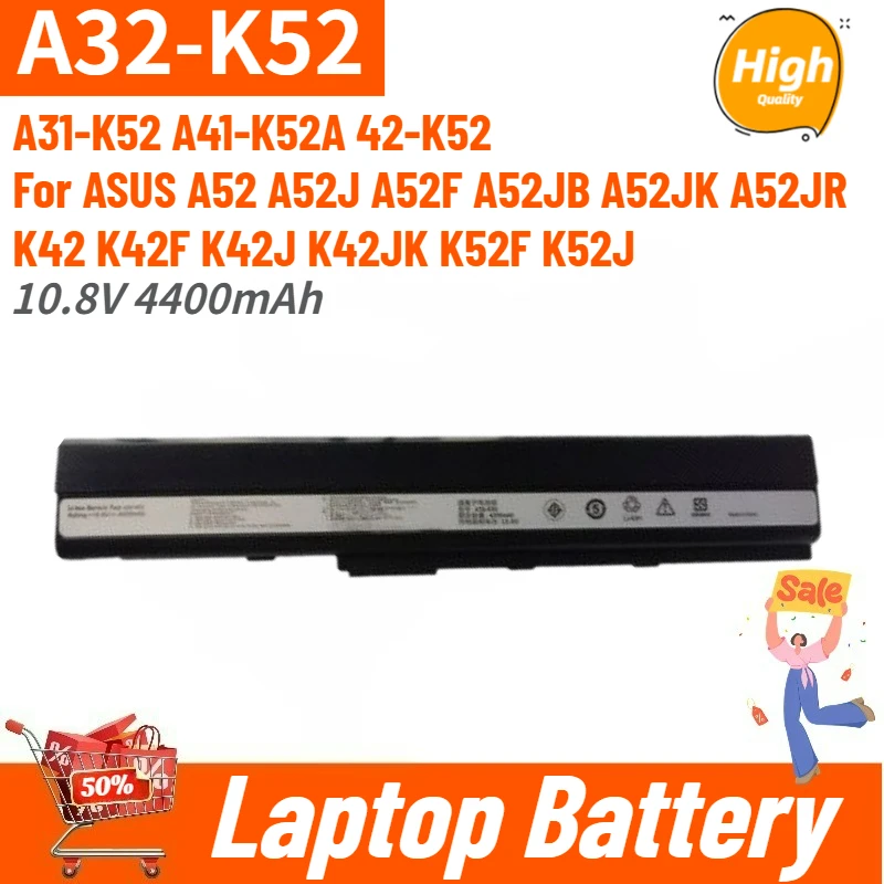 

New Replacement Laptop Battery 10.8V 4400mAh A32-K52 for Asus X42D X42F X42J X52D X52F X52J K52D K52J K52S K52N X52JC X52JE