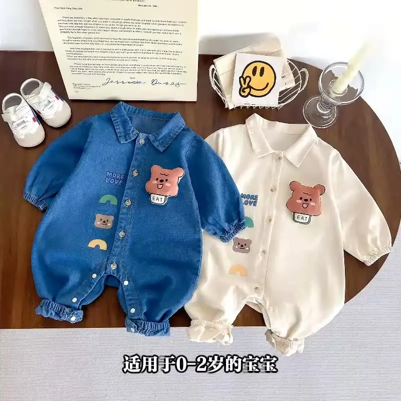 

1-3T Ins Baby Ins Denim Onesie Boy Girls Spring Autumn Korean Children's Clothing Baby Super Cute Cartoon Crawl Crawl Clothes