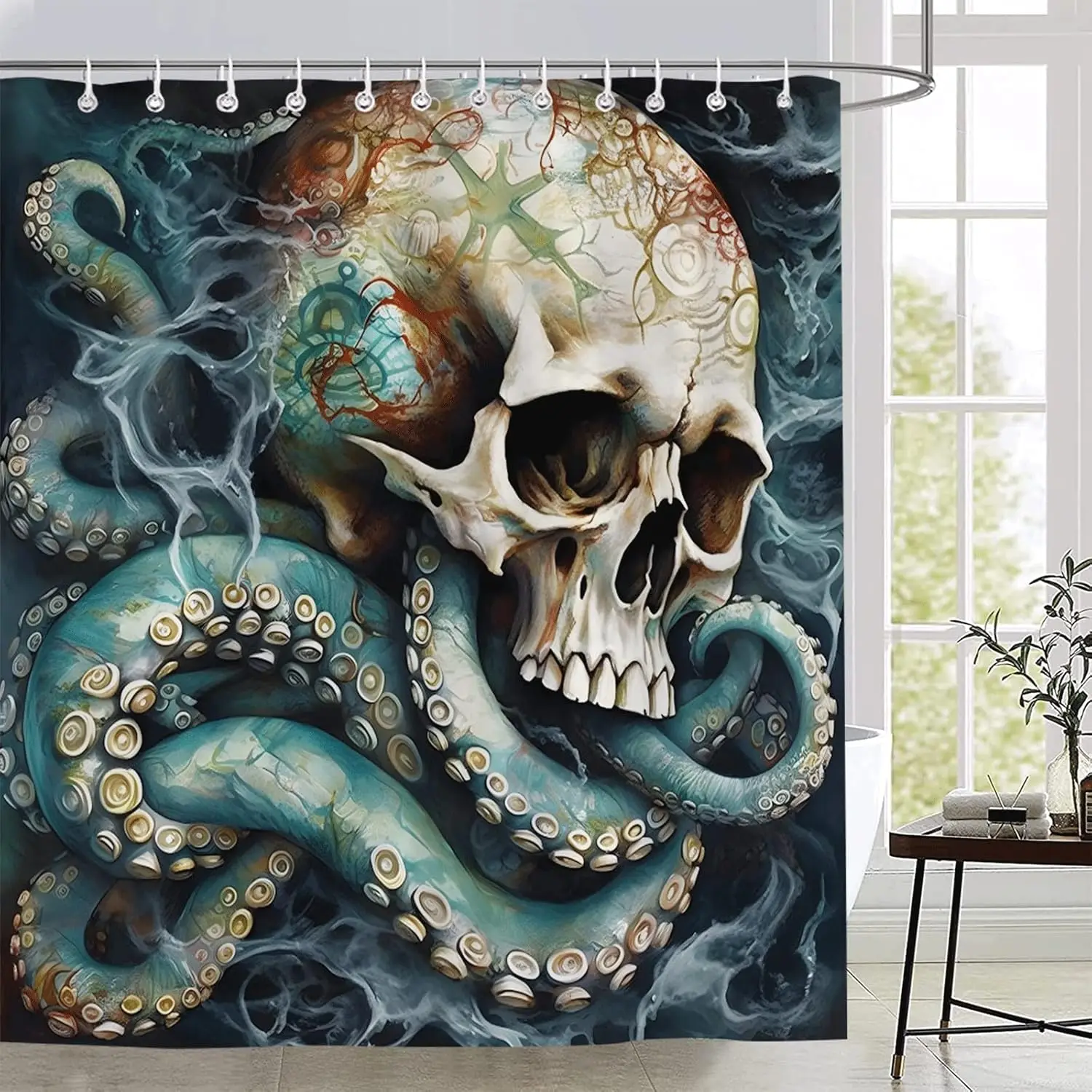 Octopus Shower Curtain Skull Teal Sea Animals Kraken Tentacle Theme Nautical Funny Halloween Abstract Ocean Bathroom Curtains