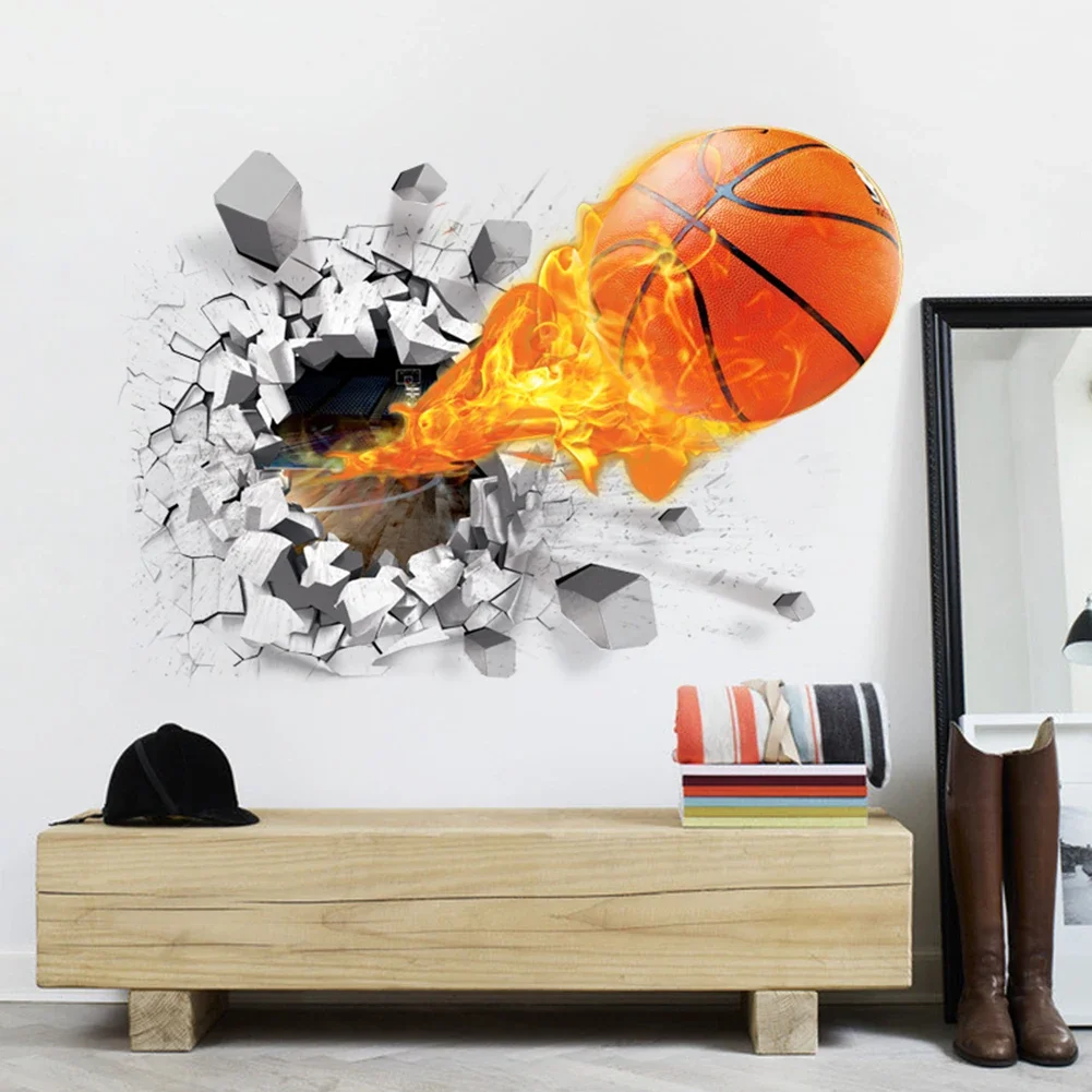 3D Self Adhesive Removable Break Through The Wall Vinyl Wall Stickers Ball Is Life Basketball Wall Decal for Boys Bedroom