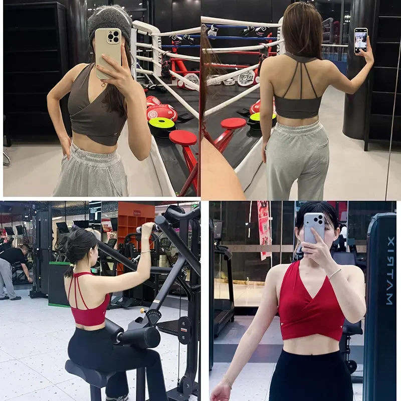 Corp Top Gym Cross Plissee Slim Yoga-Top für Damen mit festen Cups, stoßfest, sexy, tiefem V-Ausschnitt, Neckholder, schöner Rücken, Sport-BH – Detail 2