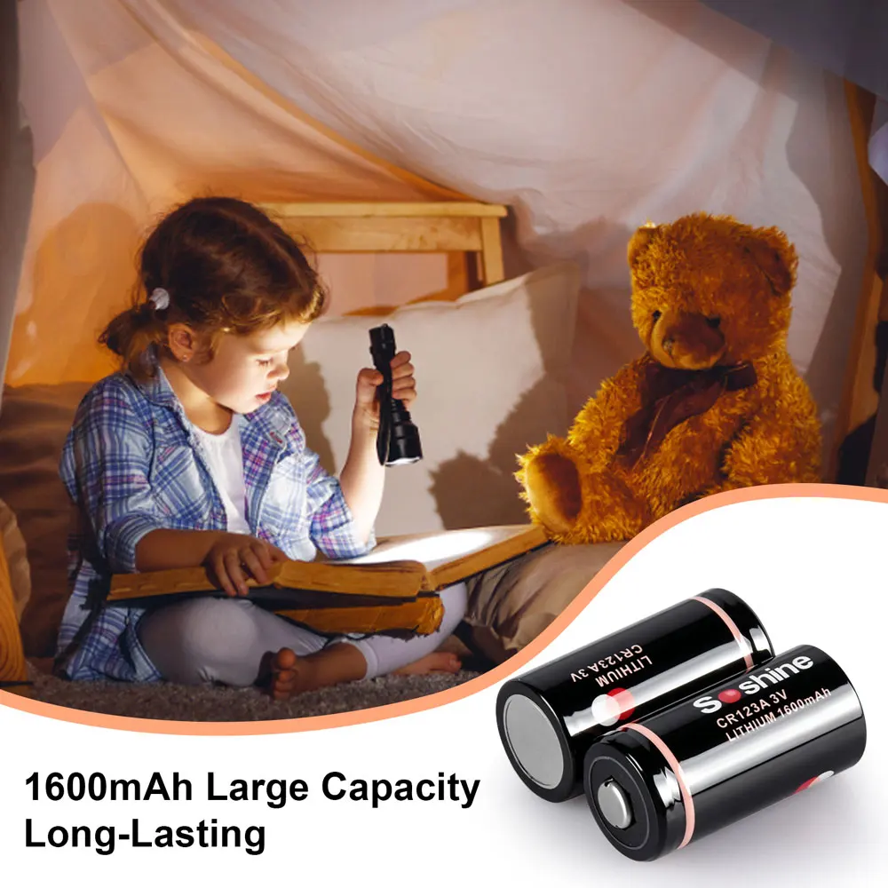 Soshine 1600mAh CR123A 3V Primary Lithium Battery 3 Volt CR123A Batteries Non-Rechargeable Li-ion Battery 10 Years Storage Life