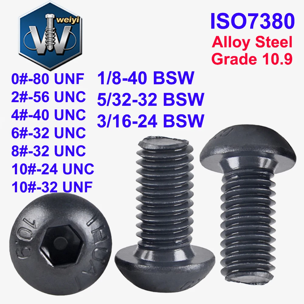 

Weiyi ISO7380 Mushroom Bolts 0# 2# to 10# UNC UNF 1/8'' 5/32'' 3/16'' BSW Grade 10.9 Alloy Steel Hex Socket Button Head Screws