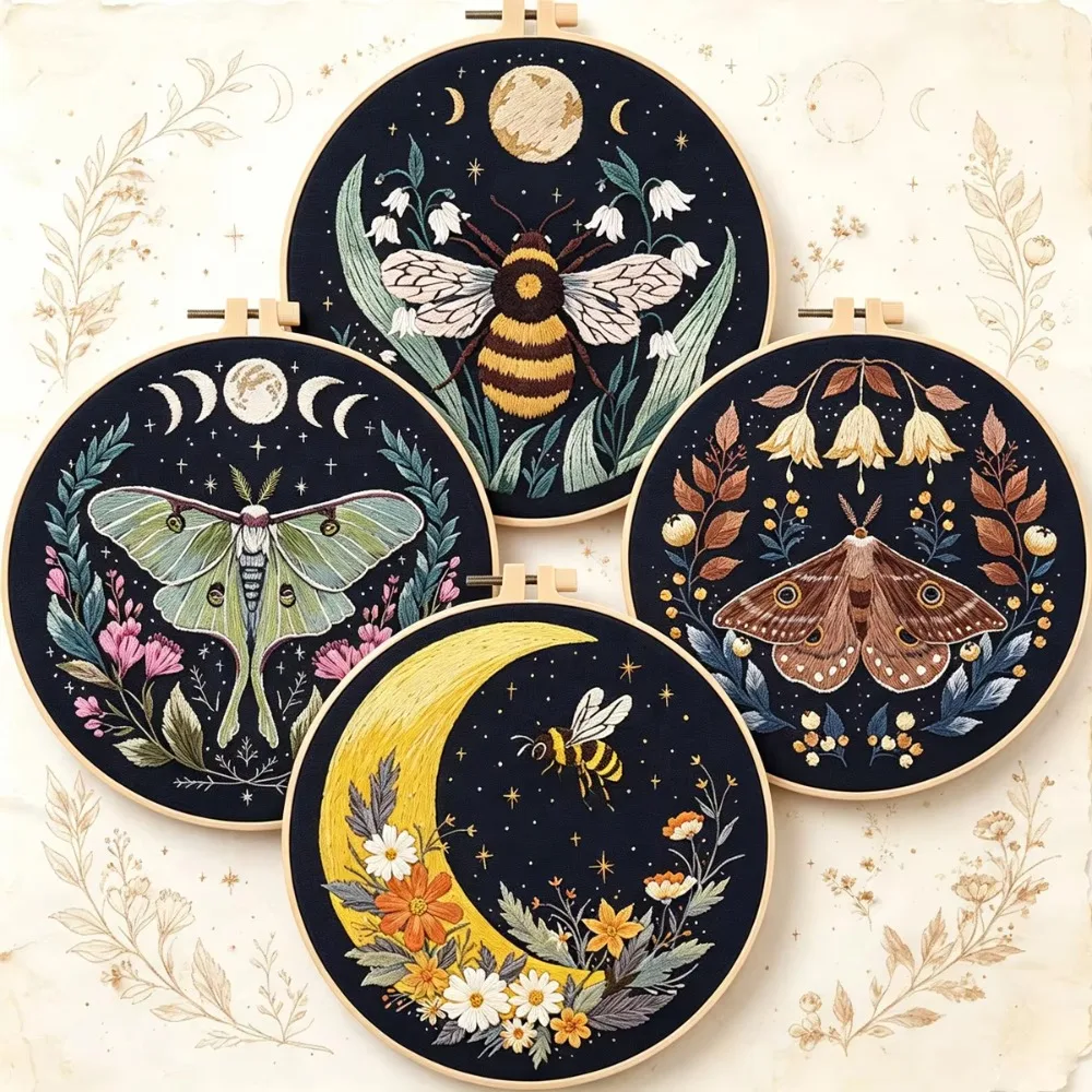 Pre Printed Cloth Embroidery Kit Stamped Pattern Bamboo Hoop Moth Embroidery New Moon Dark Floral DIY Embroidery Set