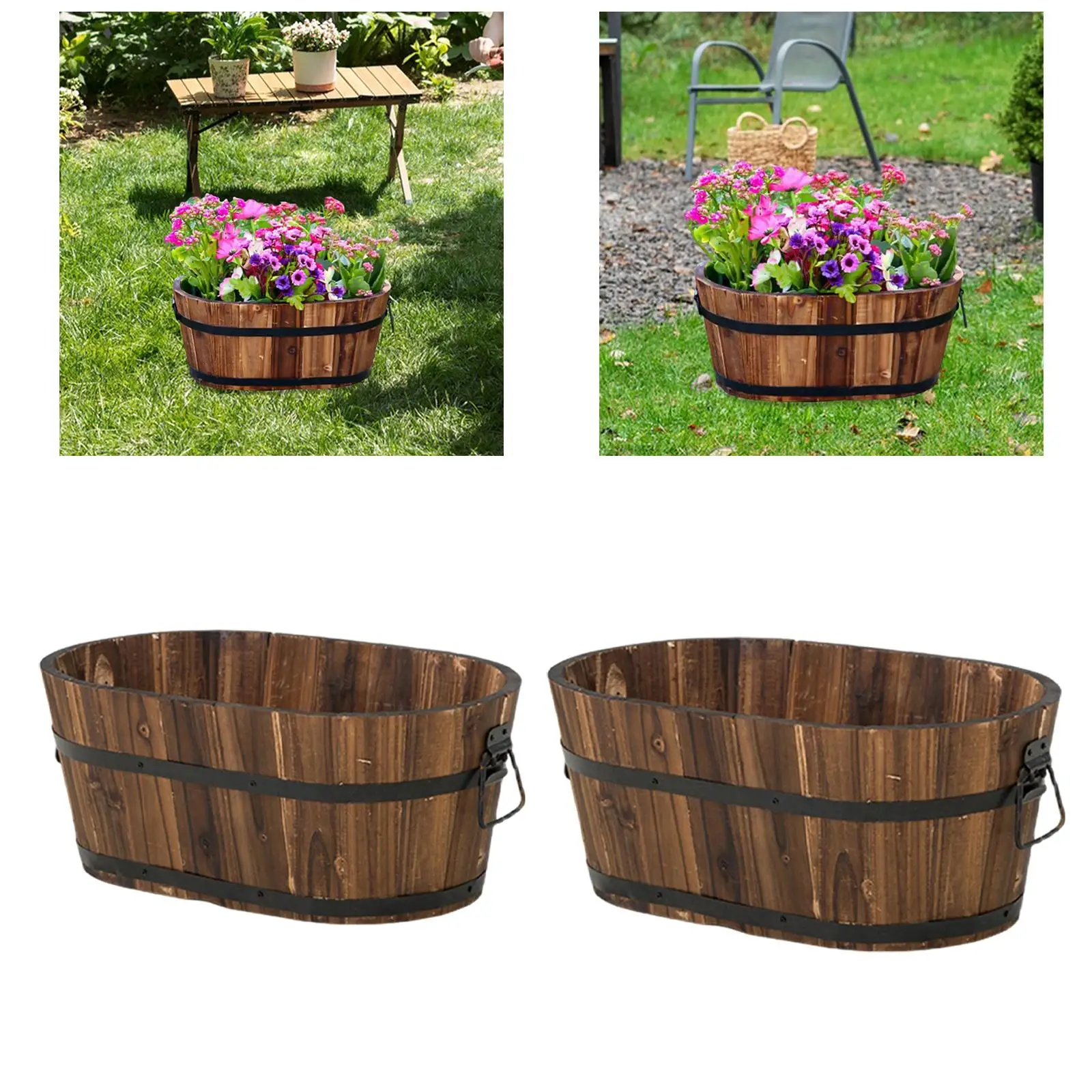Wooden Barrel Planter Multipurpose Plant Container Rustic with Drainage Hole for Tabletop Front Yard Bedroom Wedding Balcony