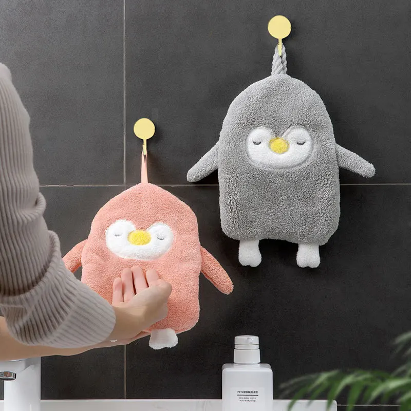 Small Penguin Wipe Hand Towel Hand Towel Kitchen Bathroom Draped Coral Velvet Cartoon Hand Towel Animal Thickening Absorbent