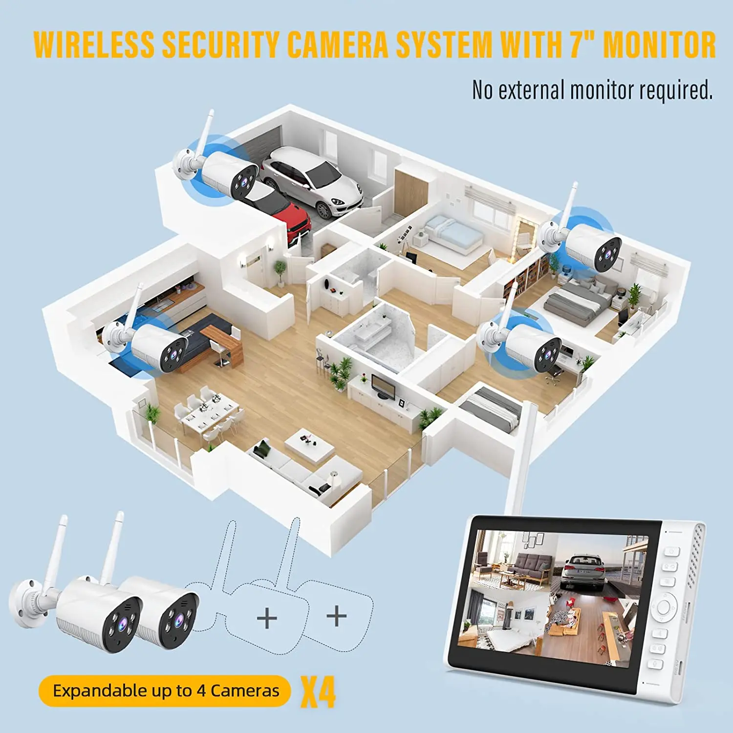 Sistema de cámaras de seguridad inalámbricas para el hogar, Kit de vigilancia CCTV con cara de Ia inteligente de 10 pulgadas, 7 pulgadas, 1080P, LCD, NVR