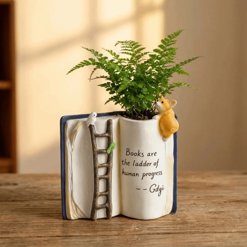 Cartoon Puppy Bird Ladder Planter Compact Adorable Open Book Flower Pot Decorative Polyresin Book-Shaped Planter Desktop Balcony