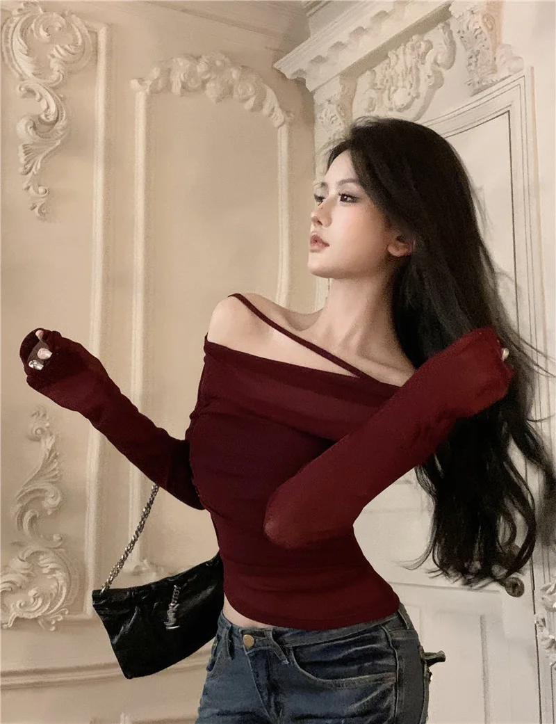 Women Red Y2k Crop Tops Vintage Korean Retro High Street Off Shoulder Knit T-Shirt Streetwear Tee Shirt Fashion Clothing