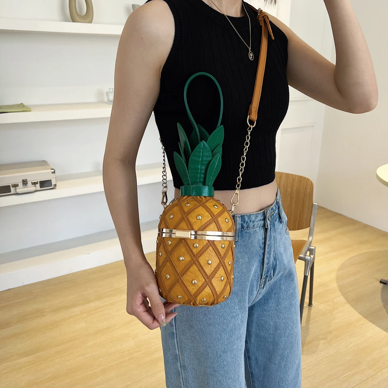 Hip Hop Party Bags for Women 2022 Trend Cartoon Cute Pineapple Shape Crossbody Bags Fashion Leather Bucket Shoulder Bag Woman