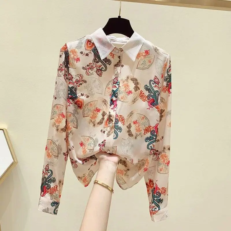 2023 New Spring and Autumn Temperament Mesh Red Top Long Sleeve Fashionable Loose Chiffon Shirt Women's Fashion Casual Shirt