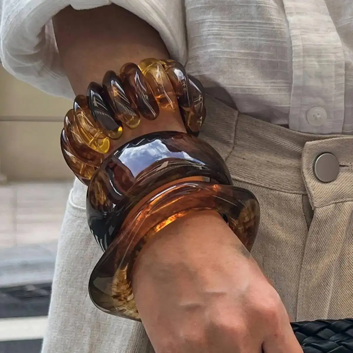 KunJoe 3 Styles Vintage Brown Coffee Thick Resin Acrylic Bangle Bracelet for Women Trendy Irregular Beaded Elastic Wide Bangle