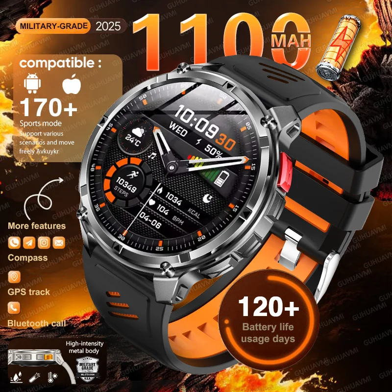 

Новые военные тактические спортивные умные часы, аккумулятор 1100 мАч, фитнес-браслет с GPS-слежением, 5 атм, водонепроницаемый фонарик, часы для звонков, мужские часы