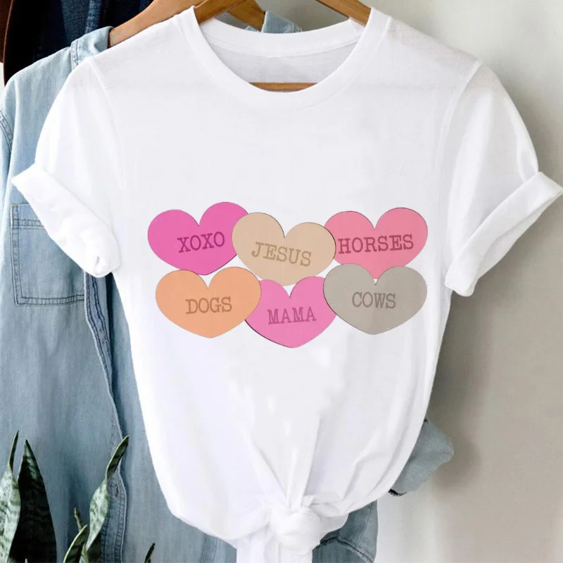 T-Shirt Casual Women's Sweet Valentine's Day Short Sleeved O-Neck Clothing Love 90s Cartoon Top T-Shirt Pattern Fashionable T-Sh
