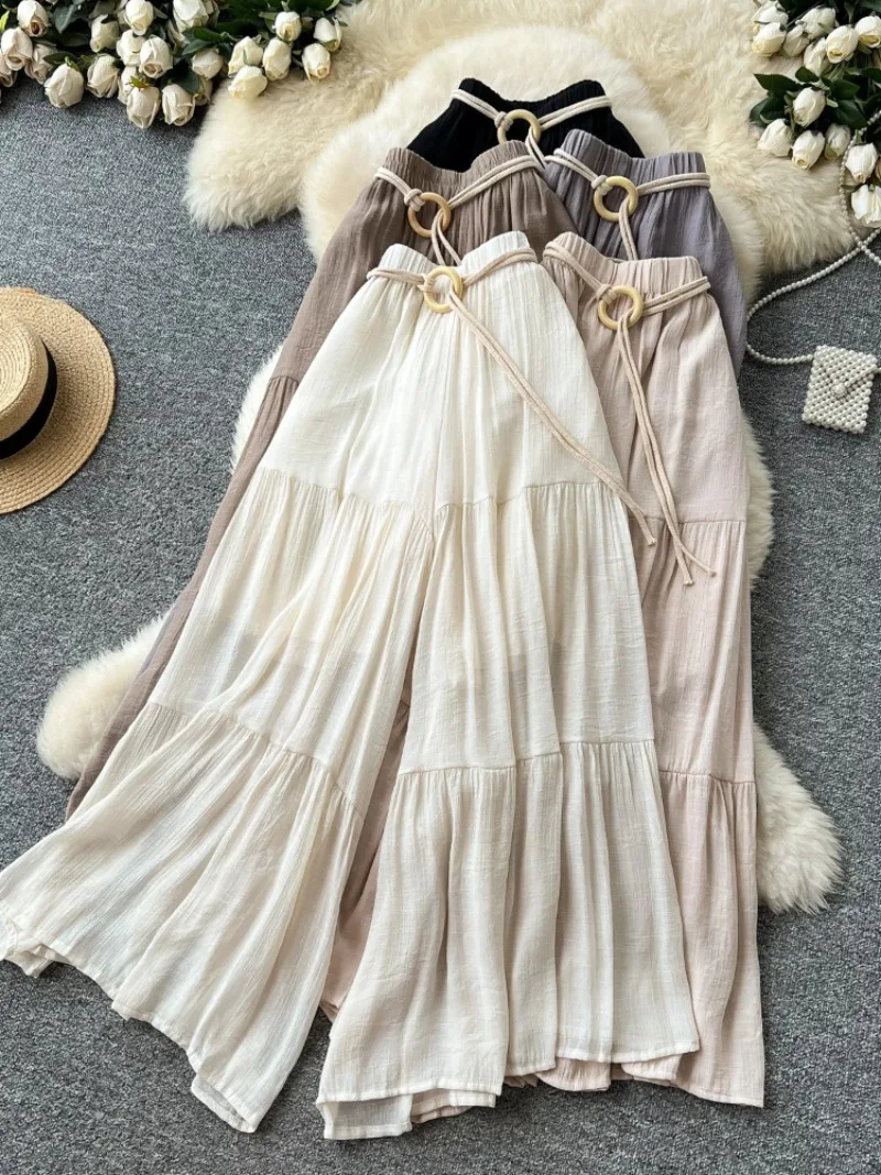 Summer Elastic Pleated Skirt Women Chiffon Trouser Skirt High Waist Casual Wide Leg Pants Fashion Streetwear Pants Pantalones