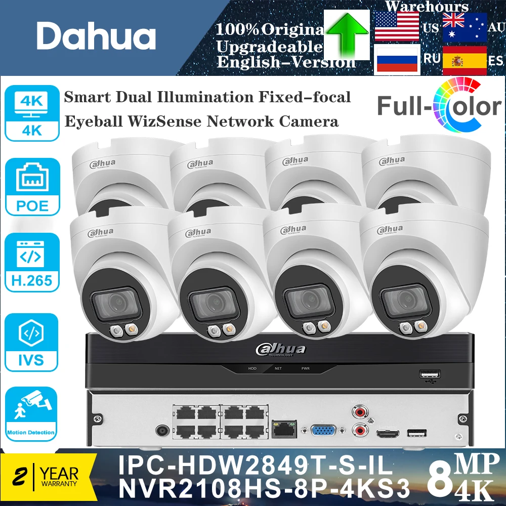 Dahua 8PCS IPC-HDW2849T-S-IL Full-color WizSense 8MP Eyeball IP Surveillance Camera Smart Dual Light 8POE NVR2108HS-8P-4KS3 Kits