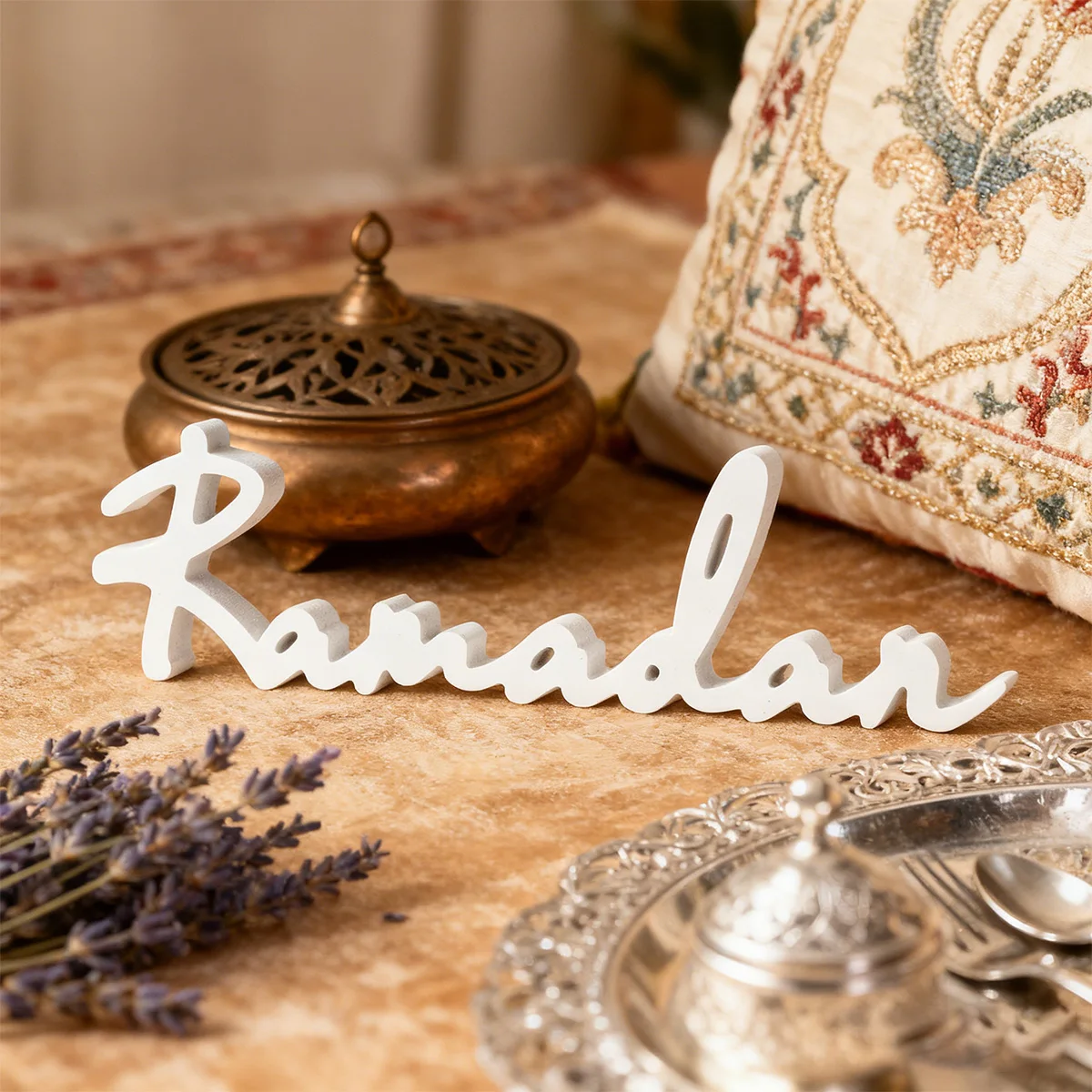 1PC, a simple white Ramadan lettering decorative piece, a Ramadan festival desktop decorative piece