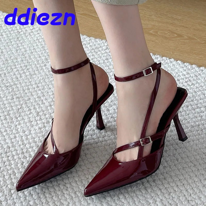 New Footwear Wine Red Fashion Ankle Strap Pumps Women High Heels Shoes Female Pointed Toe Party Ladies Heeled Shoes Sandals