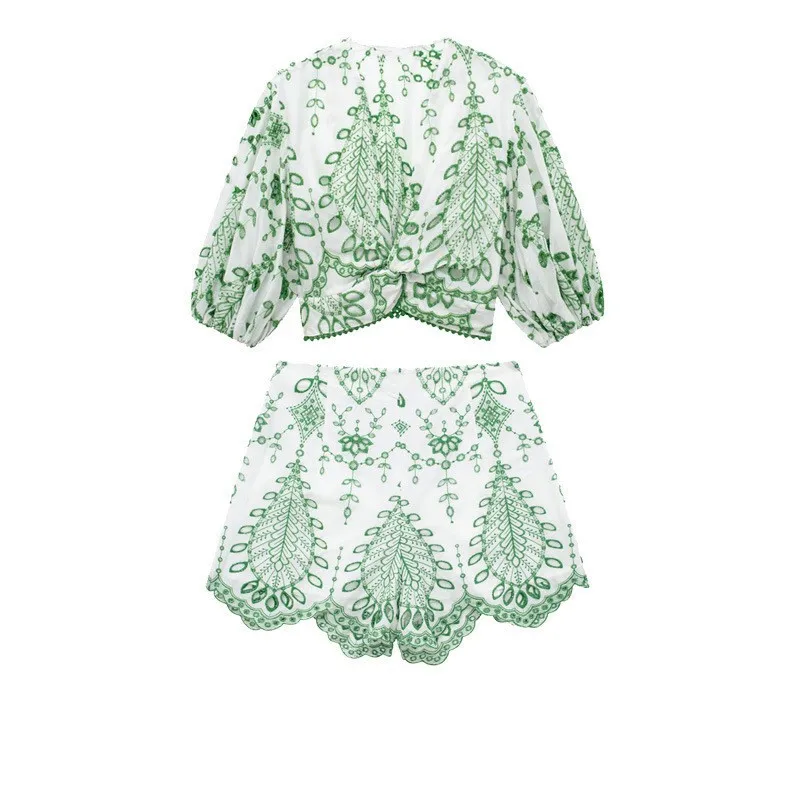 

Женские шорты из 2 предметов, новинка 2025 года, модная короткая рубашка с вышивкой, летний женский костюм, шорты, комплект из 2 предметов, женский комплект