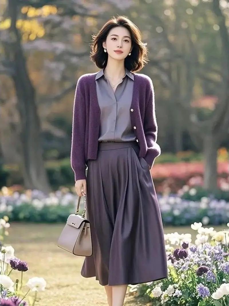 

Casual Knitted Purple Open Cardigan Top And Midi Skirt Two-Piece Set Faionable High-End Feel Autumn New Sle Women's Ensemble