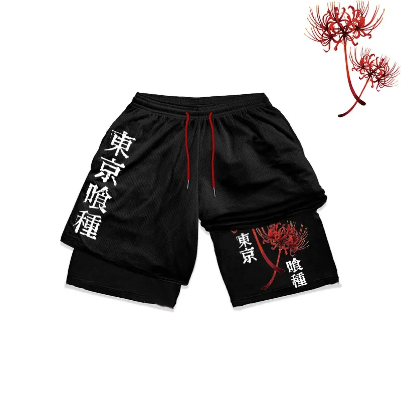 Pantalones cortos de Anime Tokyo Ghoul para hombre, ropa deportiva 2 en 1 de secado rápido para entrenamiento, deporte, Fitness, color negro