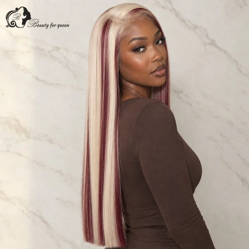 Everyday Platinum Burgundy Streak Ombre Human Hair Wigs Bone Straight Mid Length Glueless Transparent Bouncy Heat Friendly