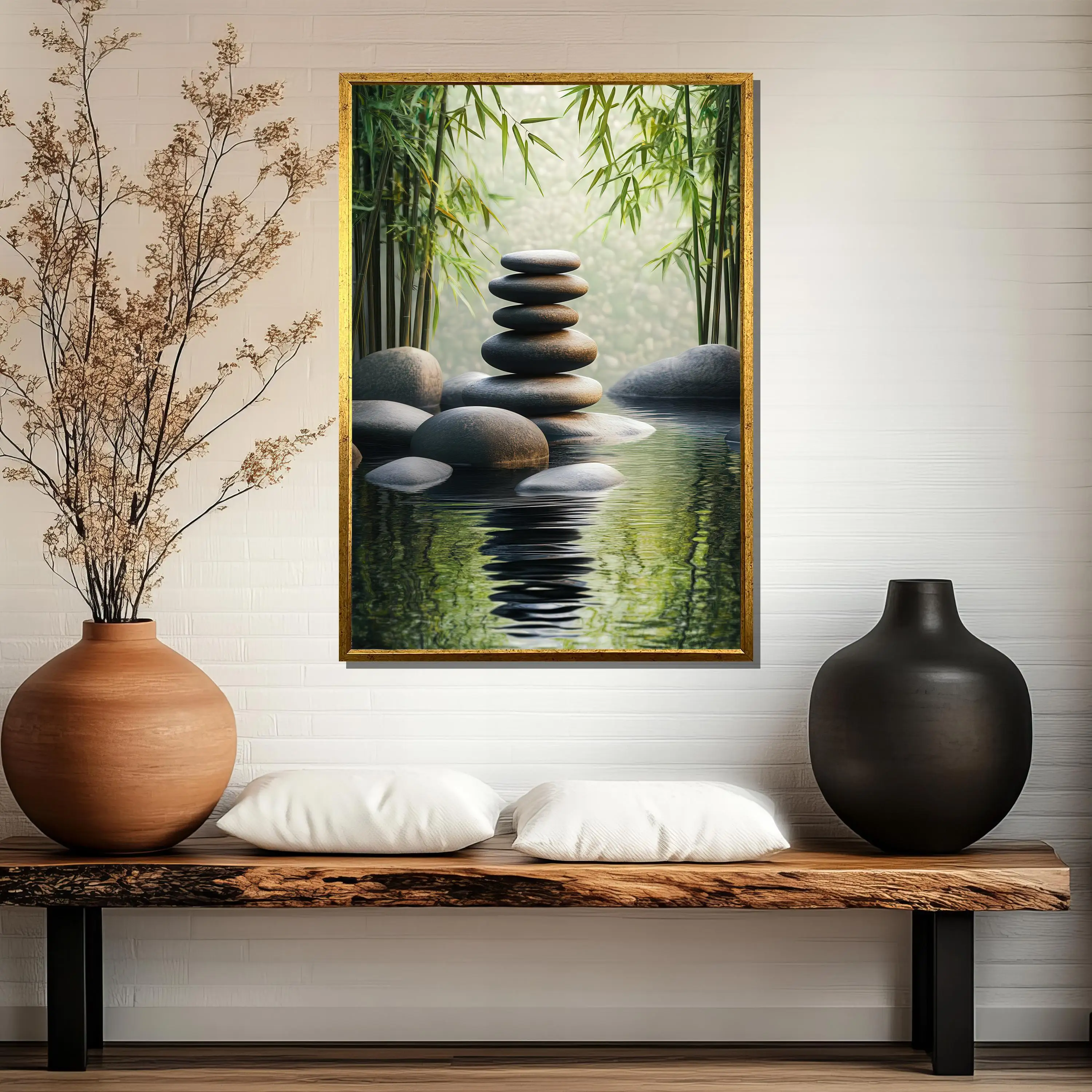 Unframed Zen Stones Canvas Painting, Tranquil Bamboo Wall Art, Spa Meditation Room Decor, Nature Inspired Artwork, Relaxing Home