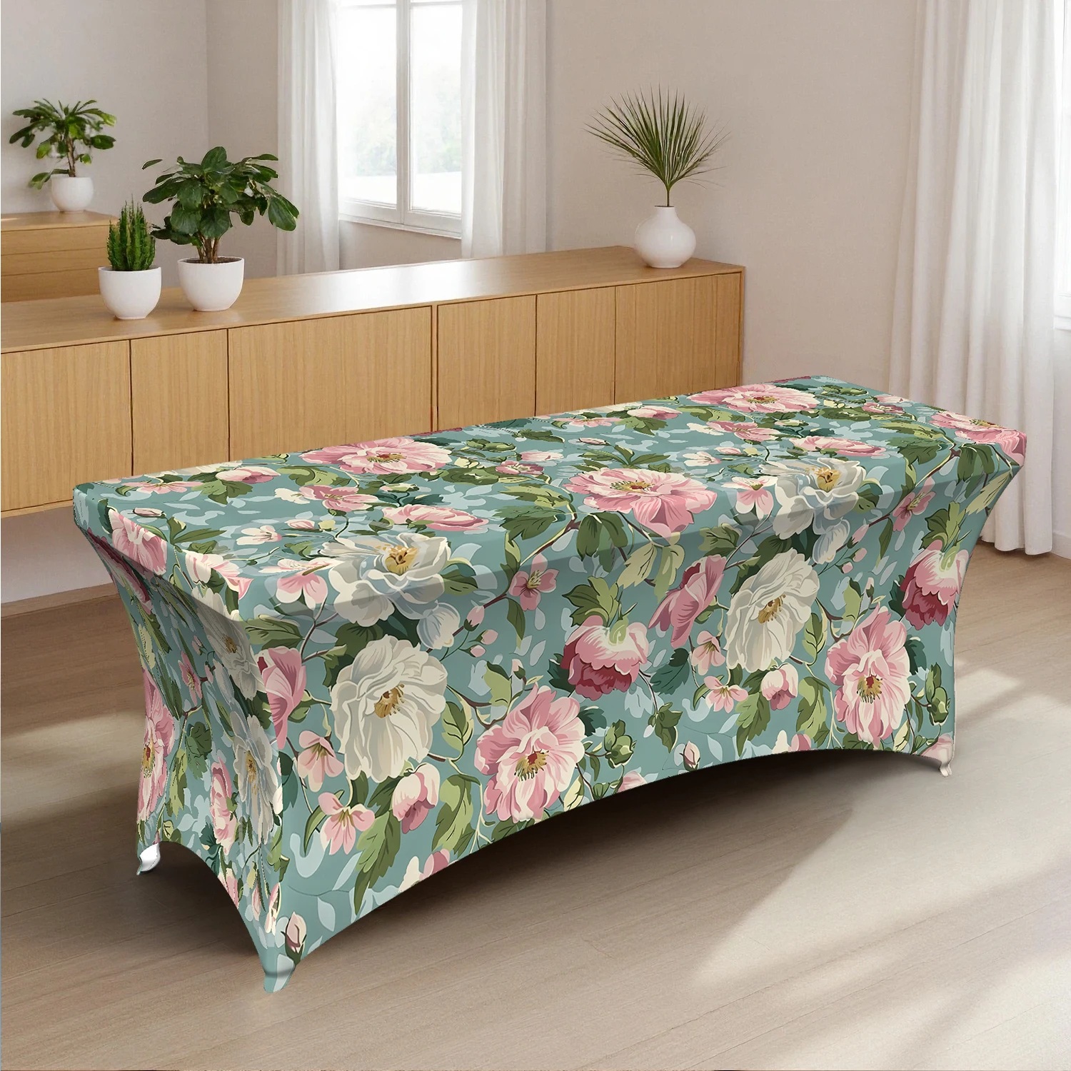 1PC Summer Outdoor Elastic Tablecloth, Floral Peony Pattern Printed, Full - Coverage Stretchable for 4/6/8FT