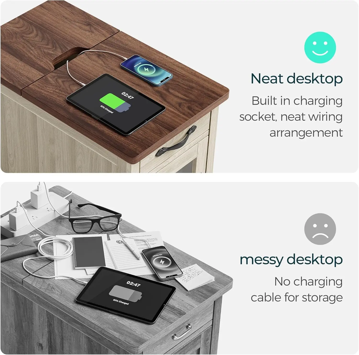 طاولة جانبية للمزرعة مع درج محطة شحن للتخزين وطاولة نهاية ضيقة لأريكة غرفة المعيشة #4