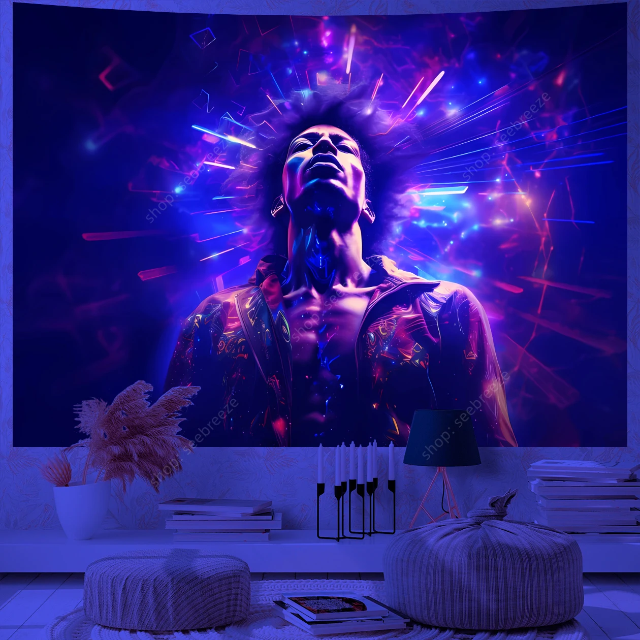 Jimi Hendricks Portrait UV Reactive Tapestry Wall Hanging Neon Background Art Poster for Hippie Bedroom Decor Gift for Friends