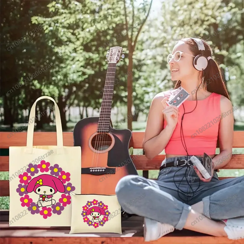 

Ladies Handbags Kawaii My Melody Cloth Canvas Tote Bag Set Shopping Travel Makeup Bag Women Eco Reusable Shoulder Shopper Bags