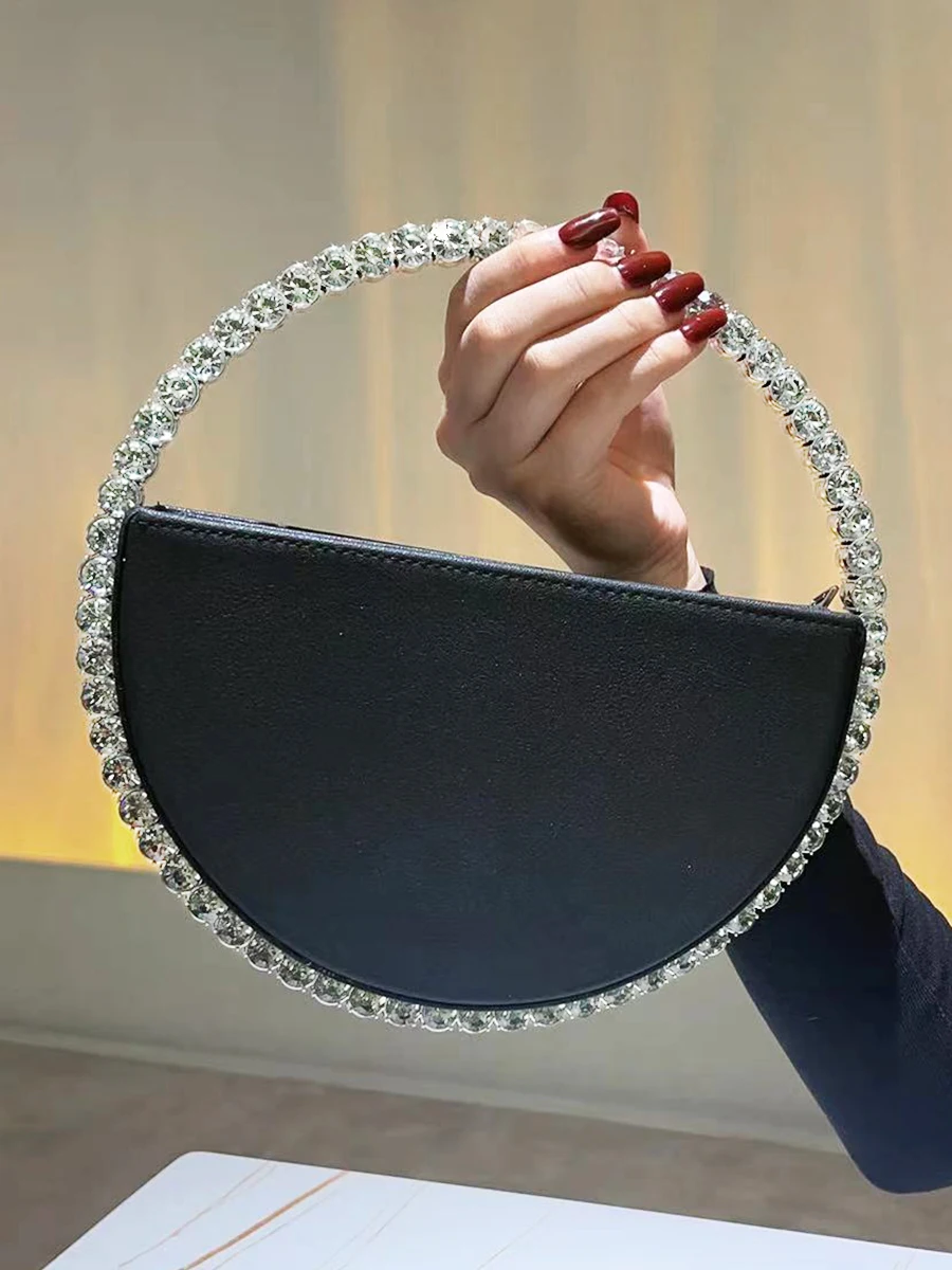 Tas tangan berlian imitasi untuk wanita, tas tangan wanita Malam cincin bulat, tas Clutch kulit imitasi trendi untuk pesta Prom, pernikahan