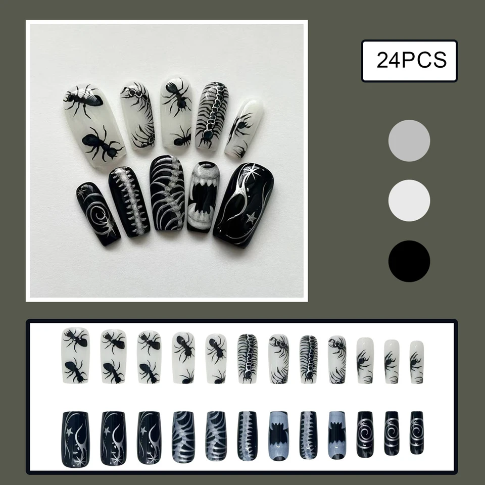 24 Piezas Uñas Postizas Estilo Thriller con Patrón de Insectos Halloween, Punk Negro Ballet Decoración de Arte de Uñas 2