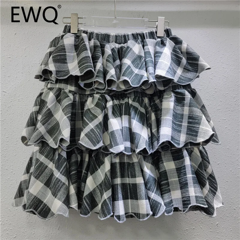 EWQ  Checkered Layered Fluffy Skirt A-line Elastic Waisted Cake Mini Skirts Sweet All-match Clothing Women 2025 Spring New Tide