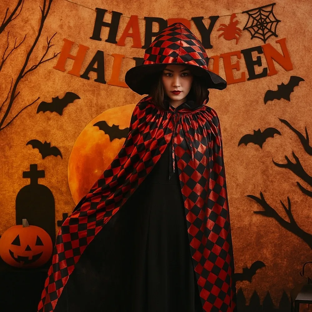 Macchia di sangue Costume di Halloween Puntelli Cosplay Festa divertente Mantello della morte di Halloween con cappuccio Plaid Mantello di ragnatela scura Ognissanti