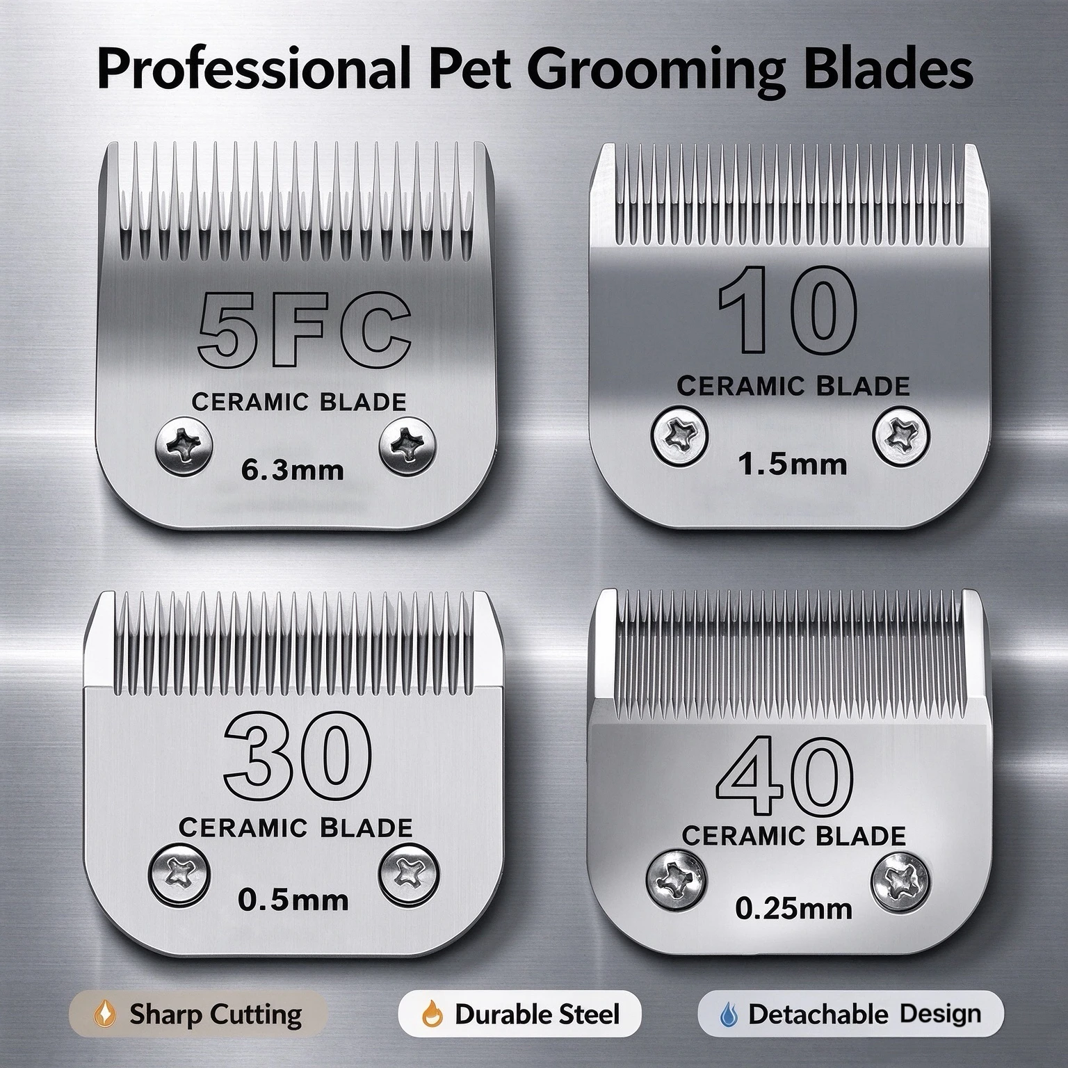 Pet Grooming Clipper Blade 4Pcs Set 5FC 10# 30# 40# Ceramic Cutting Blades, Replacement Trimmer Heads for Dog Cat Hair Clipper