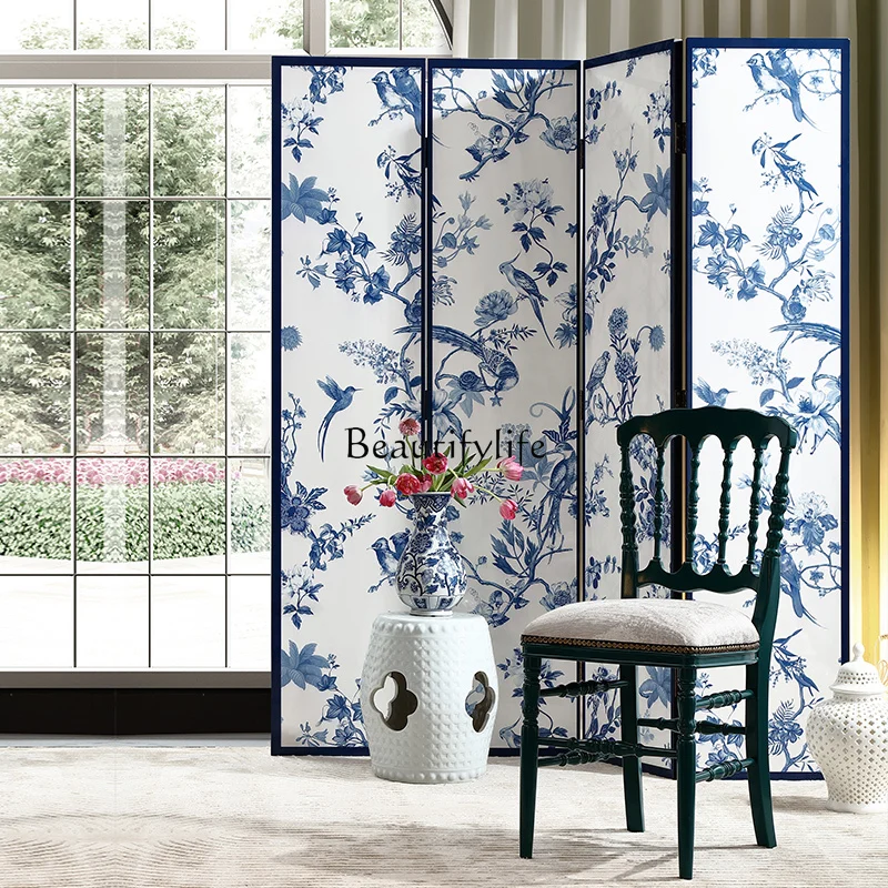 Porcelain white French Chinese style blue and white folding art screen retro partition mobile