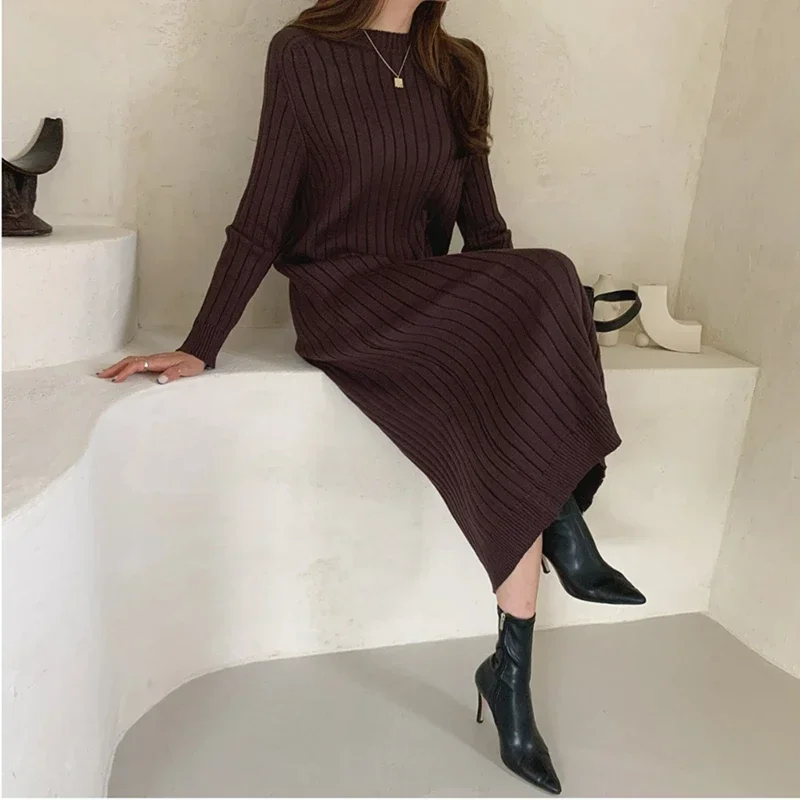 Coffee Knitted Dress for Women Loose Autumn Raglan Sleeve Long Knitwear Harajuku Style  Thicken Cashmere Jumper Winter