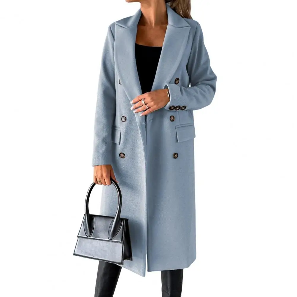 Lapel Collar Long Coat Long Sleeve Coat Elegant Women's Woolen Double-breasted Coat with Turn-down Collar Mid for Commuting