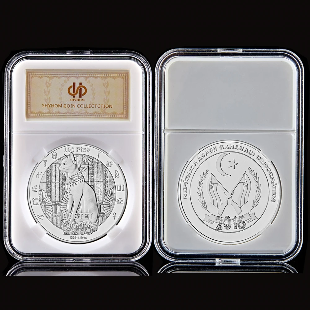 Western Sahara Baste 100 Ptas Cat Silver Plated Ancient Egyptian Animal Souvenir Coin Value W/ Capsule Display